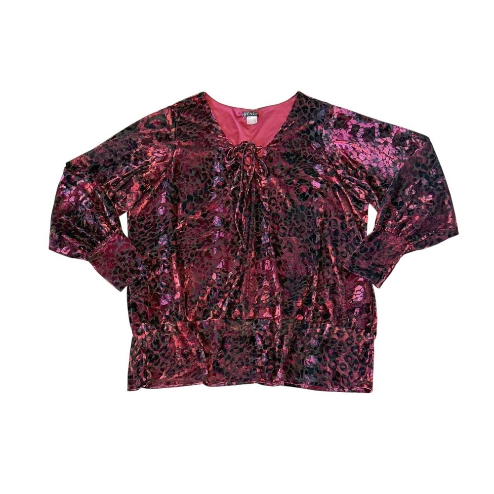 Venus Womens 3X Burgundy Animal Print Gothic Lace Up Burnout Velvet Blouse Top